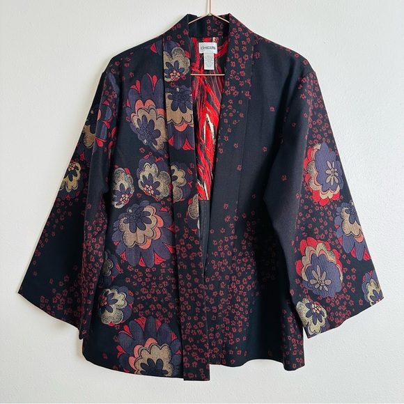 Chico's Black Floral Kimono Blazer Jacket Boho - Picture 7 of 10
